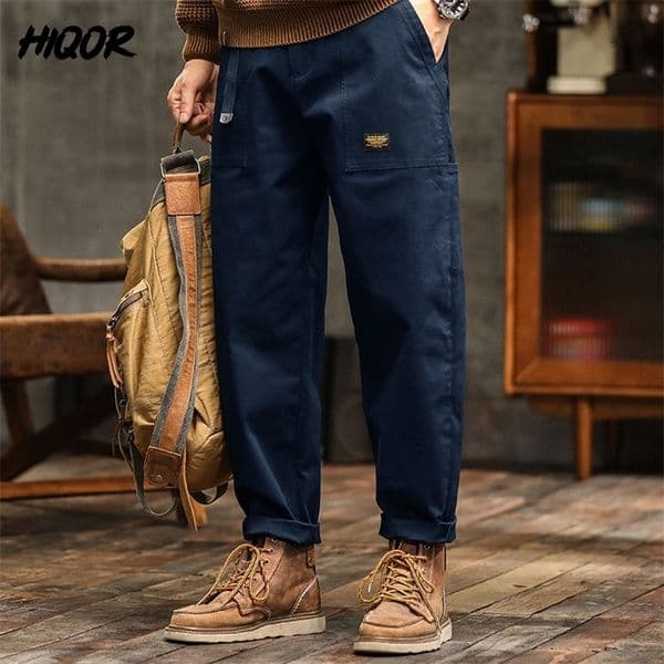 HIQOR Mens Clothing Spring Autumn Cargo Pants Man Cotton Casual Loose Trouser Belt Mid Waist Joggers Male Straight Baggy Pants 260305CJ