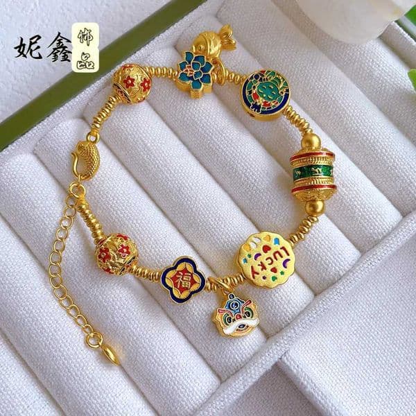 Enamel Fu Character Womens 24K Gold AU999 - 24K pure gold enamel Fu pendant colorful on wrist highlight of banquet L260317