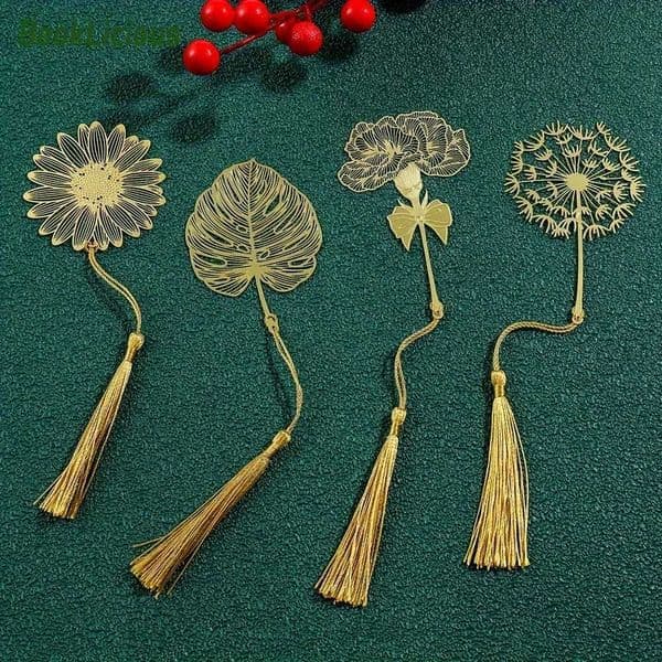 Golden Hollow Metal Bookmark Set with Tassel - Four Seasons Leaf Design - Creative Gift for Mothers DayBirthdays S26317