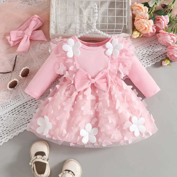 0-18 Months Baby Girl Dresses Skirt Long Sleeve Butterfly Mesh Patchwork Dress Hairband Newborn Girl Baby Clothes X260316