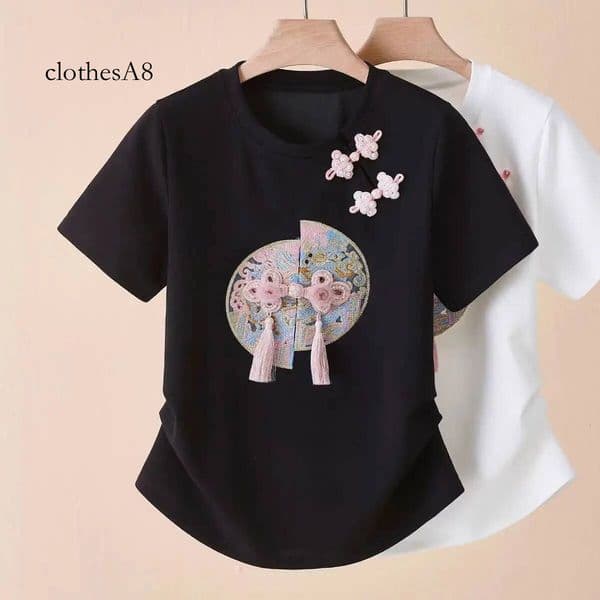 New national style fashion niche Chinese buckle T-shirt women's new summer round neck irregular top short sleeve