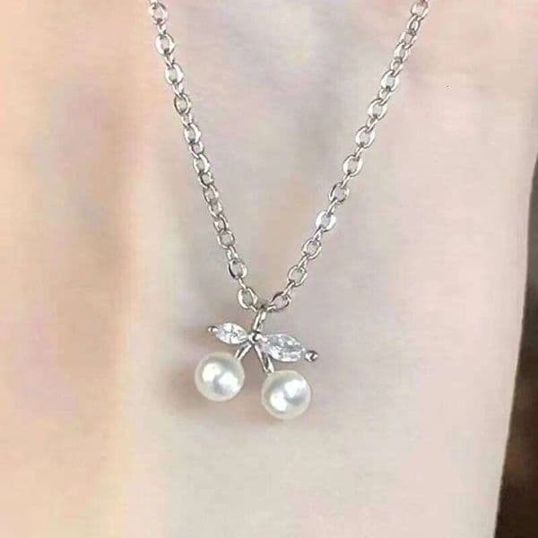 Huitan Aesthetic Cherry Women Imitation Pearl Pendant Necklace for Wedding Engagement Elegant Accessories Trendy Jewelry with CZ