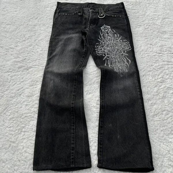 Men's Jeans Y2K Black Vintage Fashion Trends Micro Flared Cross Leather Pocket Men Women High Street Western Cowboy Streetwear