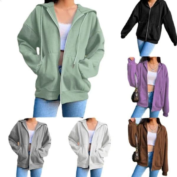 Autumn Fleece Hoodie Solid Color Hooded Korean Fashion Sweatshirts Long Sleeve Top Drawstring Pockets Loose Zipper Black Hoodies 260317