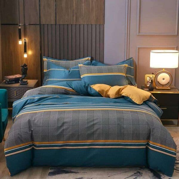 3pcs Dark Blue Striped Style Duvet Cover Set for Boy Geometric Pattern Luxury Hotel Room Decor 100% Cotton Skin-friendly Bedding 26H0316