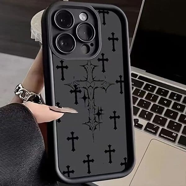 Phone Case Designer For IPhone 17 16E 15 14 13 Pro Max Shockproof European American Style Black Cross Print Dark Gothic Design Protective Cover