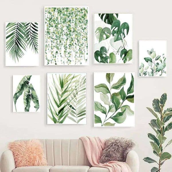 dic Style Spring Green Poster Plant Leaf Palm Watercolor Wall Art Picture Canvas Print Living Room Home Decor (No picture frame 26W0317