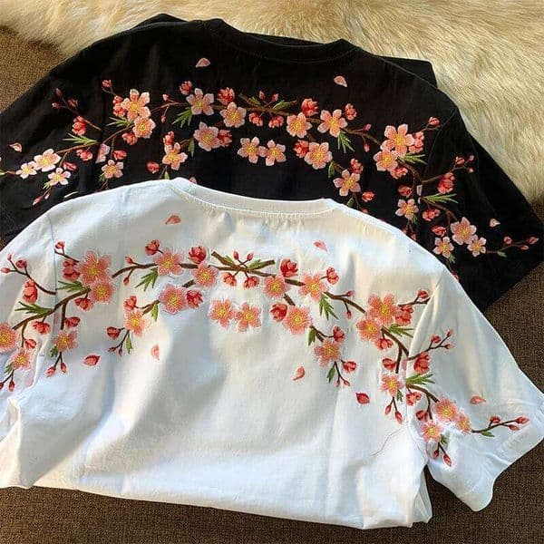 Embroidery Man Flower Fashion Harajuku T Shirt Women Cotton Japanese Hip Hop Tees Short Sleeve Streetwear High Quality Asia Size