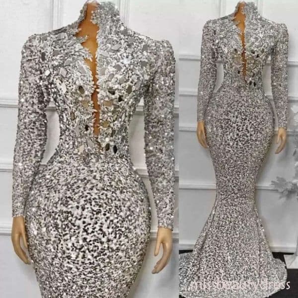 African Silver Sequins Mermaid Prom Dresses With Long Sleeves High Neck Plus Size Sparkly Beaded Evening Pageant Gowns Robe De Soiree BC12353