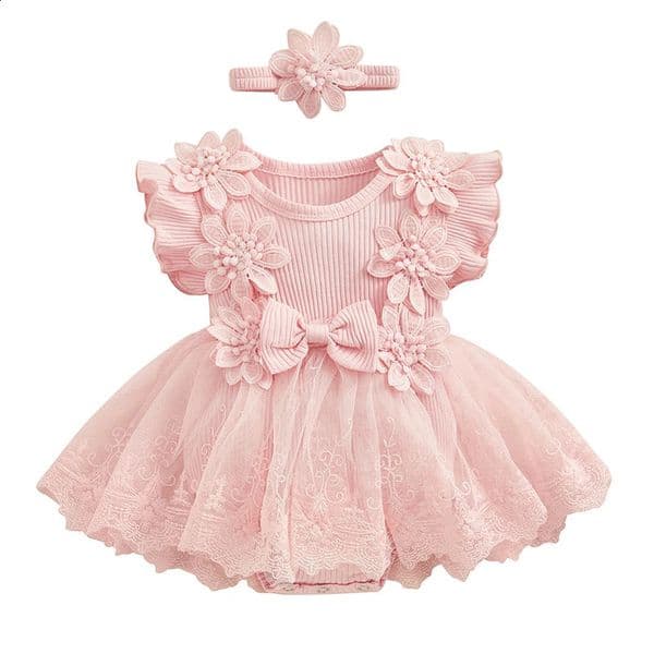 Infant Baby Girl Lace Romper Baby Tulle Dress Romper Flowers Bodysuit Spring Summer Festival Clothes with Headband 260313