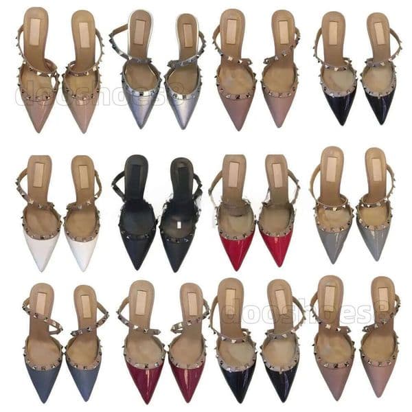 Designer Women Leather Sandals High Heels 6Cm 8Cm 10Cm Strap Studs Rivets Girls Pointed Toe Buckle Sexy Pumps Party Wedding Dress Shoes 35-44