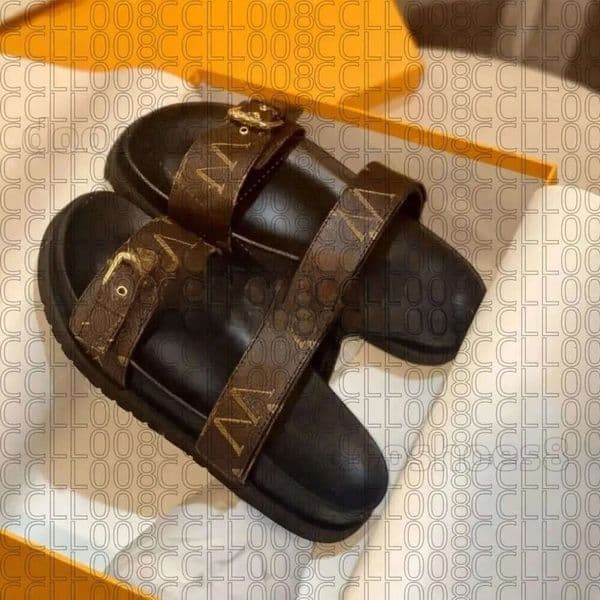 New Slippers Brown Women Sandals Summer Letter Print Real Cow Leather Slides Round Toe Men Lovers Outdoor Beach Casual Two Straps Adjusted Gold Buckles Shoes
