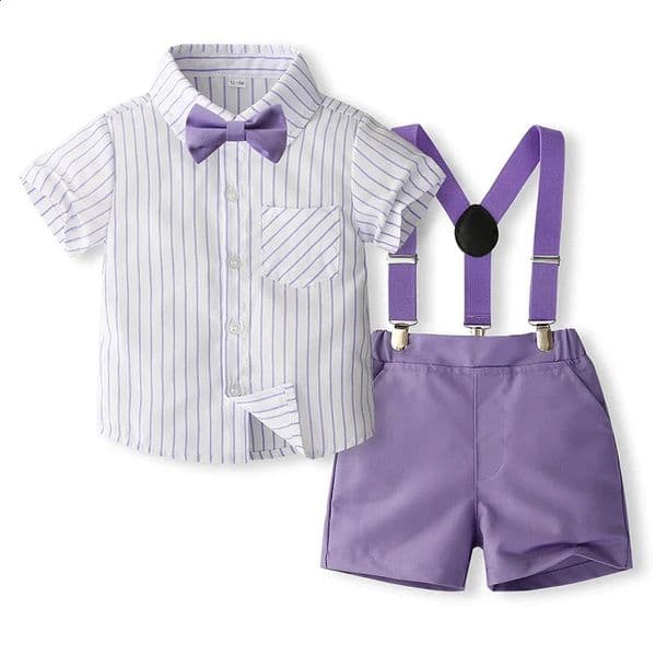 1-5Y Baby Boys Gentleman Outfit Stripe Print Short Sleeve Shirts Bow Tie Suspender Shorts Sets Kids Summer Clothes 260313
