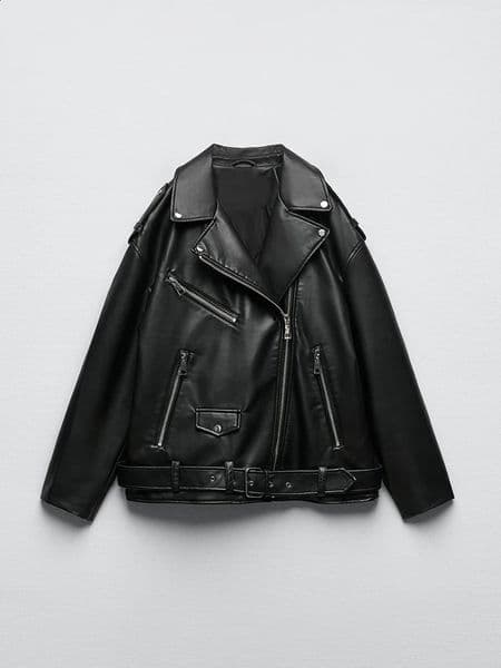 Ailegogo Women Loose Motorcycle Biker Black Pu Faux Leather Jacket with Belt Spring Autumn Female Zipper Coat Outwear 260306