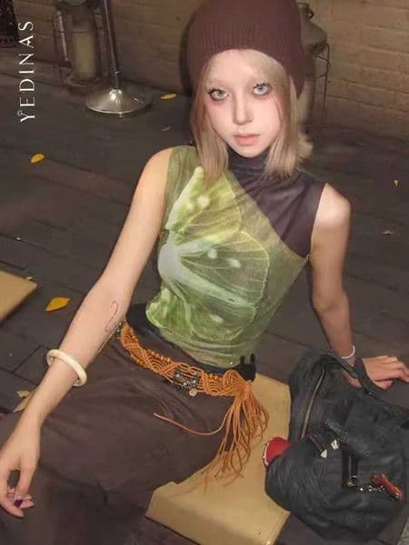 Yedinas Sheer Mesh Tank Tops Patchwork Sleeveless Tshirts Korean Fashion 2024 Summer Tops Gothic Tank 90s Chic Streetwear L260314