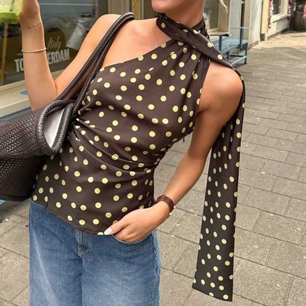 Women s Halter Neck Tops Sleeveless Dots Print Fit Ruched Tank Tops Summer Shirts L260314