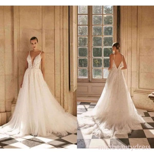 Sexy A New E Spaghetti Straps Wedding Dresses Backless Appliques Tulle Ruffles Long Bridal Gowns Plus Size Bc16587 ppliques