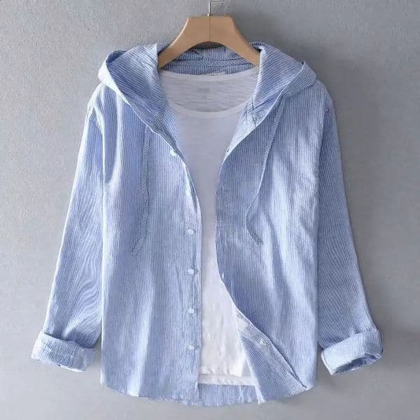 2025 Spring and Summer Mens Hooded Linen Shirt Solid Color Thin Style Loose Fashion Casual Sports Cotton Linen Shirt 260309