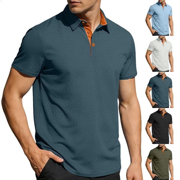 26 Summer Ice Feel Mens Short Sleeve Turn-Down Collar Color Block Button Stretch Casual Polo Shirt 230408