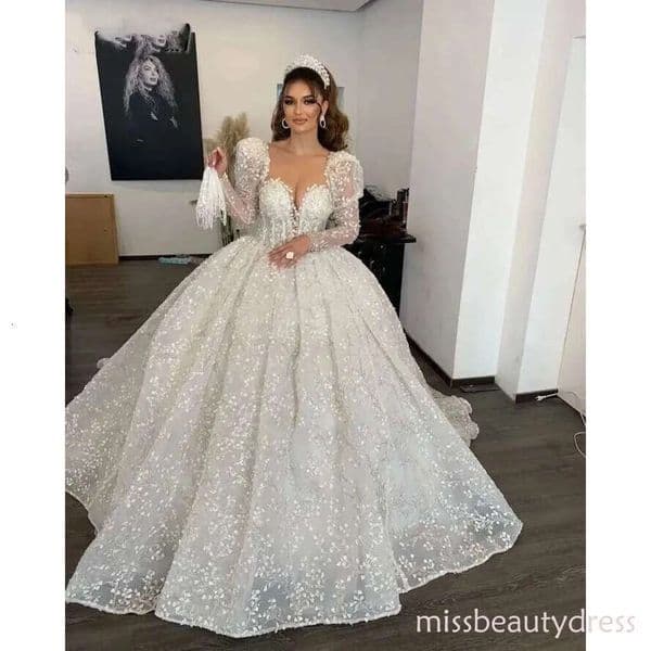 3D Ral Wedding Dresses Long Sleeves Applique Sheer Neck Arabic Bridal Gowns For Women Princess Vestido De Noiva