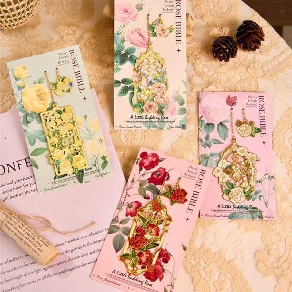 Retro Metal Aesthetic Rose Bookmark Pendant Chinese Style Floral Painting Bookmark Student Reading Mark Book Accessories Gift S26317