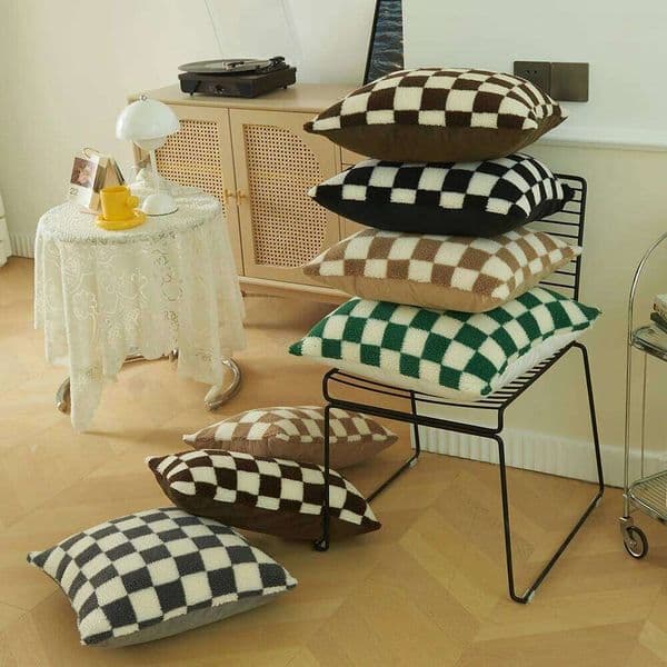 Pillow Case MACT 2PCS Checkered Cushion Checkerboard Throw Pillowcases Short Fleece Square Pillow Covers Home Living Room Decoration 26H0316
