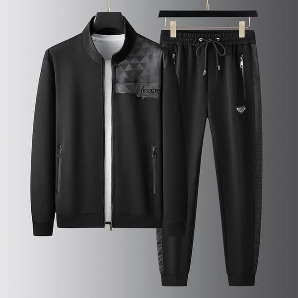 European Luxury High-End Casual Jacket Sports Suit for Men, Autumn Fashion Patchwork Stand-Up Collar Two-Piece Set