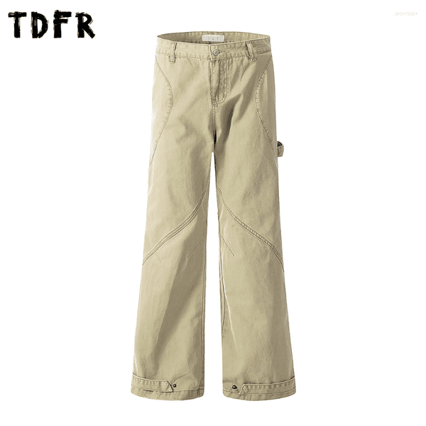 Men's Jeans Top Stitch Carpenter Denim Pant Mens Pocket Safari Style Washed Distressed Loose Wide Leg Flare Men