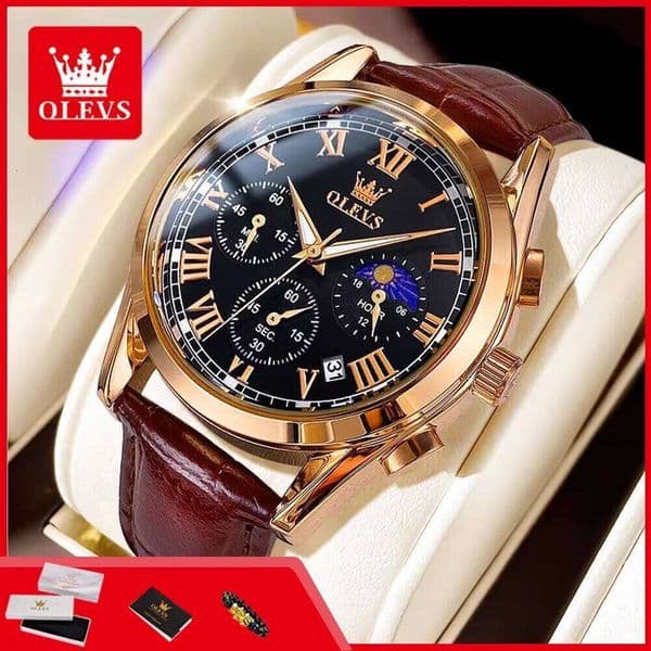OLEVS 2871 Quartz Watches For Chronograph Waterproof Moon Phase Wristwatch Leather Strap Luxury Top Brand Original Man Watch