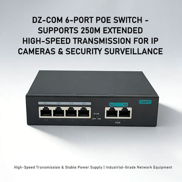 DZ-COM 6-Port POE Switch - Supports 250Mbps Long-Distance High-Speed Transmission for IP Camera Security Surveillance
