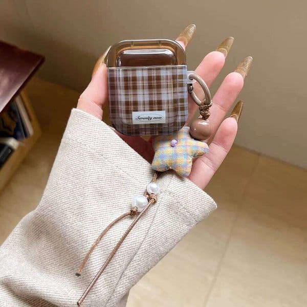 Ins Fashion Brown Grid 4 ANC Pro Earphone Protecitve Cover For AirPods 1 2 3 4th Soft Case with Star Keychain 26L0317