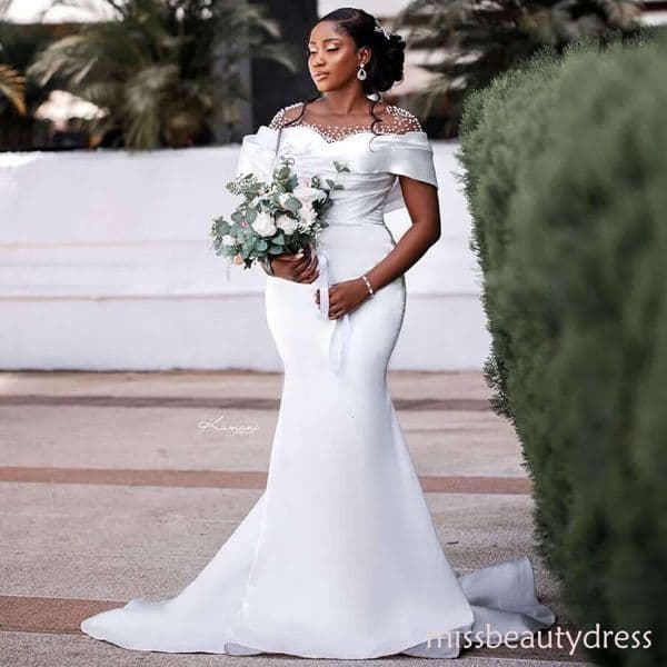 Clean White Mermaid special Dresses for Bride Sheer Neck Sweep Train Pearls Beading Satin Africa Garden Beach Bridal Gowns M04