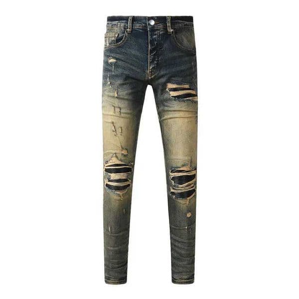 Y2k new mens jeans washed nostalgic perforated black leather patch deep blue jeans high street designer hip-hop brand high-qualT260316