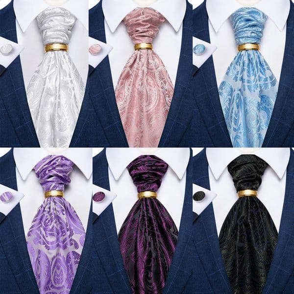 Men y Pink Black Paisley Ascot Tie Set Wedding Party Cravat Green Ties Pocket Sqaure Cufflinks Solid Necktie Ring Sets Gift 260316