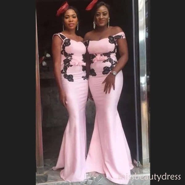 Pink Mermaid Bridesmaid Dresses For African Women With Lace Appliqued Trumpet Maid Honor Gowns Sweep Train Plus Size Off Shoulder Wedding Guest Dress J11