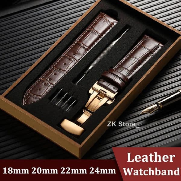 Genuine Cowhide Watch Straps with Box WatchBand 14mm 16mm 18mm 20mm 21mm 22mm 24mm Bracelet Butterfly Clasp Wristband Belt 260316