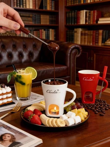 Ceramic Chocolate Melting Furnace with Forks Chocolate Melting Cup for Melting Cheese Chocolate Gifts for Birthdays and Valentines Day 260316