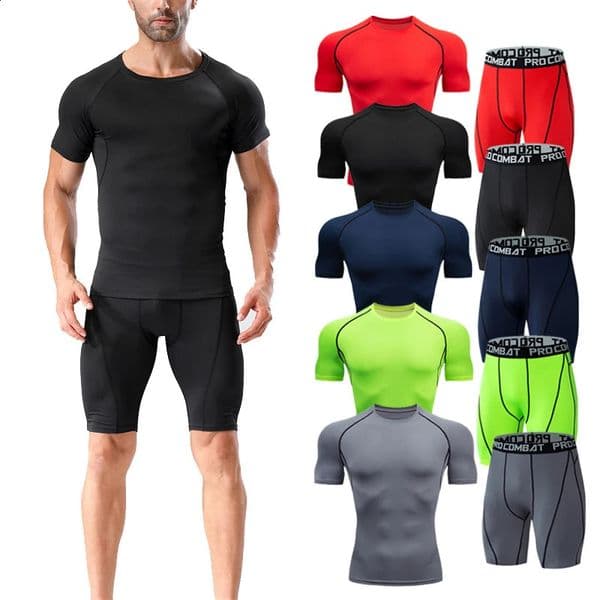 2pcs Mens Compression Sportswear Suit Gym Tight Yoga Sets Workout Jogging MMA Fitness Sports shirtShorts Tracksuit Running Set 260313