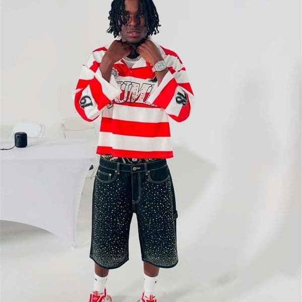 SUME Gothic Diamond Embroidery 2-piece Set Rugby Stripe Polo Shirt Y2K Retro Loose Shorts Classic Loose Long Sleeve Men Clothing 260316