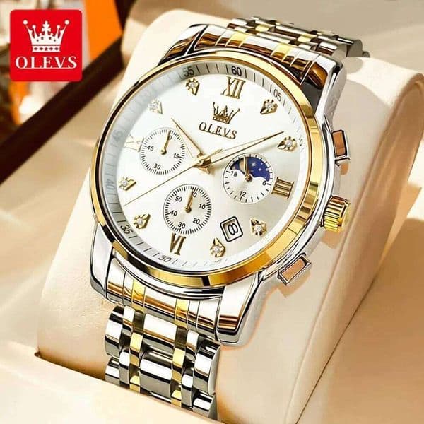 OLEVS 2858 New Moon Phase Quartz Watch for Men Stainless Steel Waterproof Anti-Scratch Luminous Chronograph Mens Wristwatch 2024