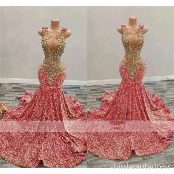 Long Pink Sparkly Rhies Prom Gowns For Black Girls Gold Beaded Diamond Mermaid Evening Dresses