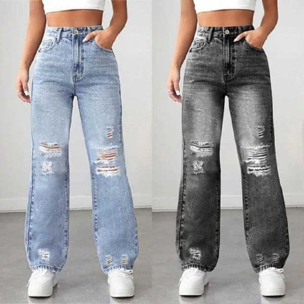 Women Straight Denim Jeans Ladies High Waist Ripped Hole Streetwear Baggy PantsT260317