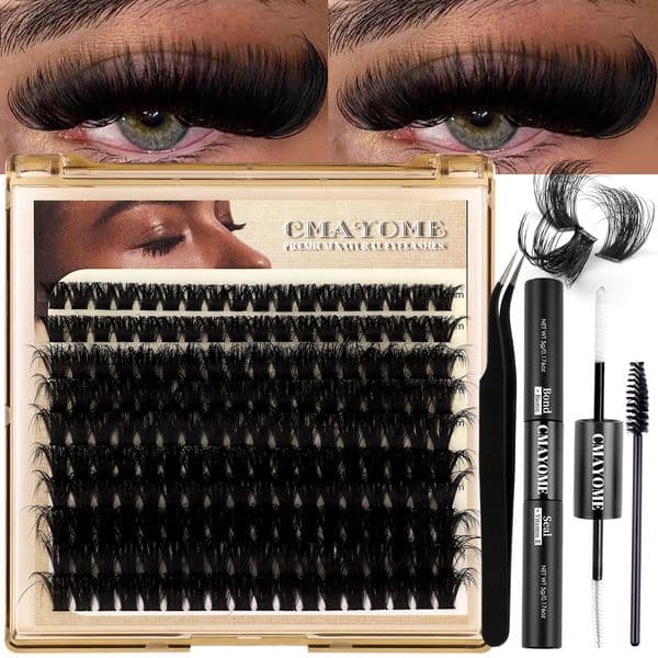 DIY Individual Eyelashes Thick Fluffy D Curled DIY Cluster Lashes Kit with Lash Adhesive Tweezer Handmade Reusable Cluster Segmented Eyelash Extensions