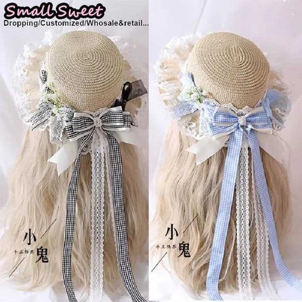Womens Y2K Girl Sweet Lolita Straw Boater Hat Plaid Design with Bow Accents Versatile Forest-Style Sun Hat for Casual Wear H260317