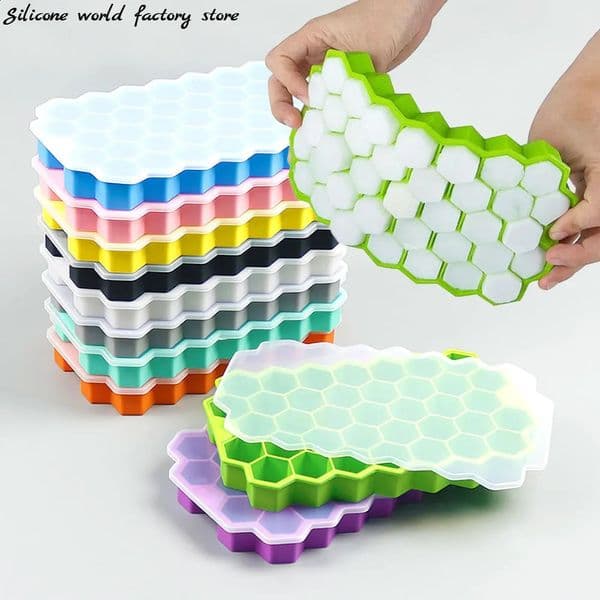 Silicone World 37 Grids Honeycomb Ice Cube Molds Silica Gel Tray DIY Household Making Box With Lid Mold 260312