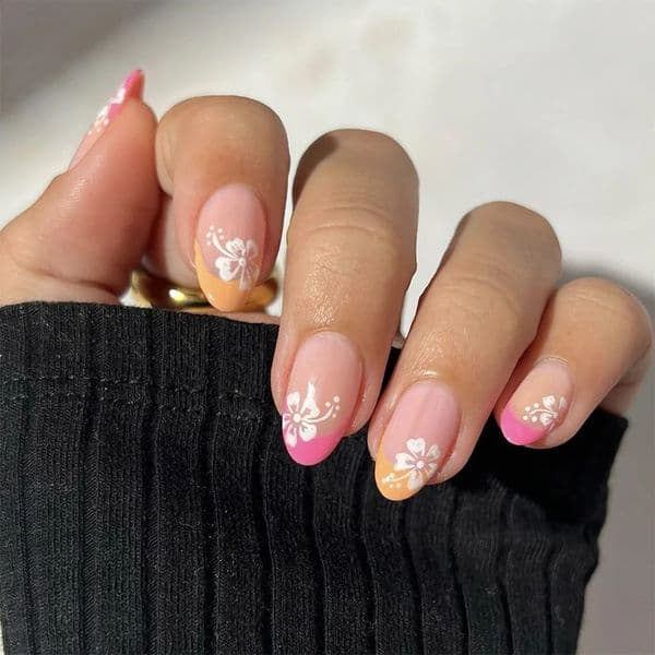 24 Pieces of Long Almond Dual Color French Flower Pattern ABS Fully Covered Nails with 1 Piece Jelly Glue and File 260305