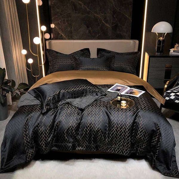 New Luxury Black Gold Yarndyed Jacquard Egyptian Cotton Bedding Set Satin Smooth Duvet Cover Flat/Fitted Sheet Pillowcases 4Pcs 26H0316