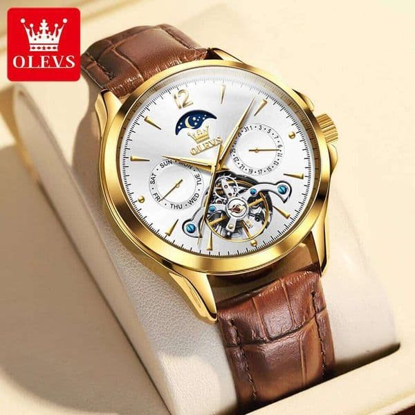 OLEVS 6663 Mens Original Mechanical Tourbillon Waterproof Luminous Leather Strap Moon Phase Day-Date Watch With Box