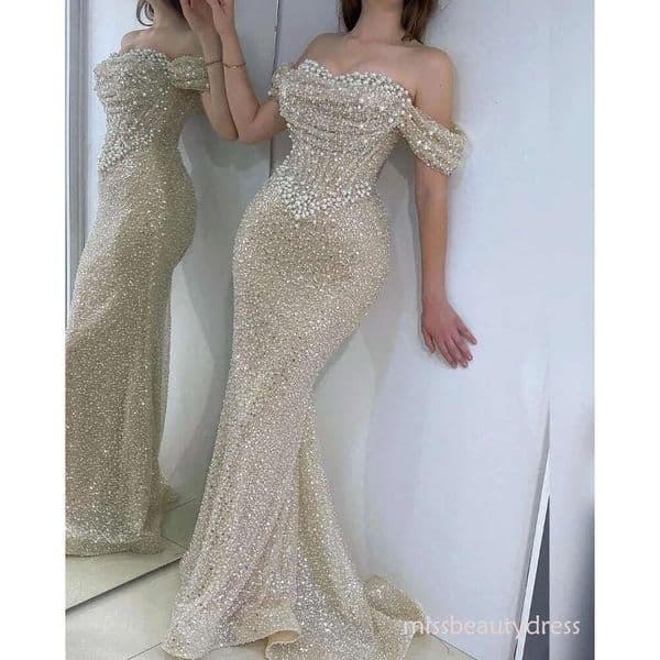 Sparkly Mermaid Prom Dress Off The Shoulder Sweetheart Pearls Sleeveless Long Glitter Formal Party Gown For Women Bc19709