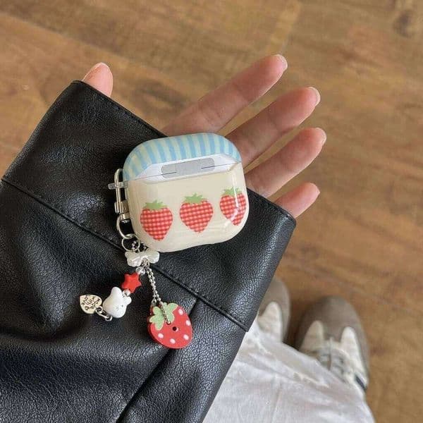 Blue Stripe Cute Plaid Pattern Three Strawberries With Charm Pendant Earphone Case Cover for AirPods 1 or 4 2 Pro 3 26L0317